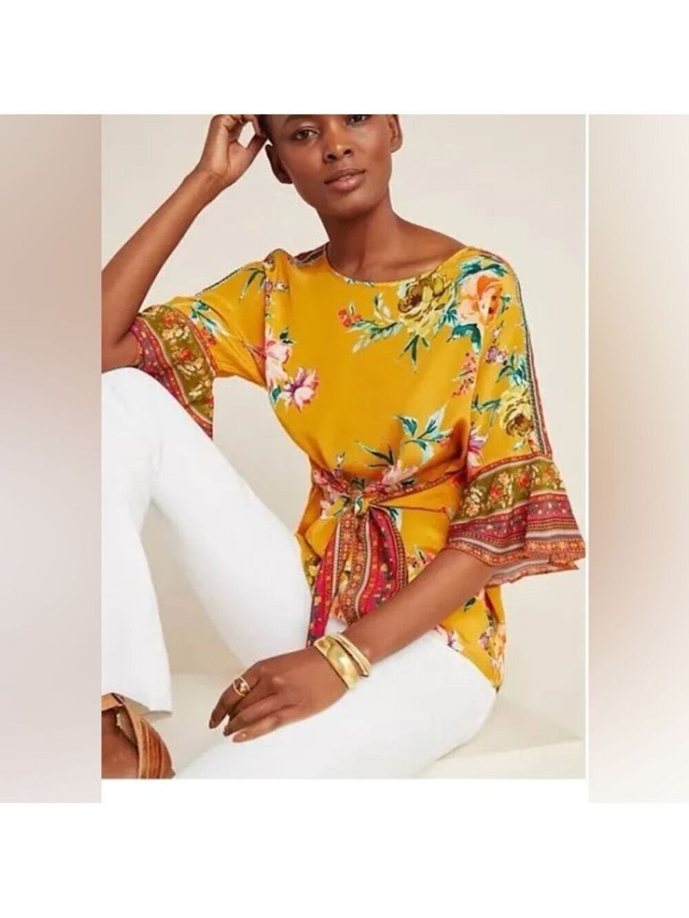 Vineet Bahl Yellow Gold Floral Short Bell Sleeves Women's Top XS